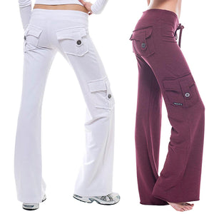 Women Yoga Pants Elastic Waist Button Pockets Fitness Exercise Running Pants FK88