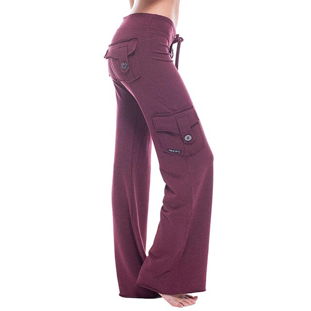Women Yoga Pants Elastic Waist Button Pockets Fitness Exercise Running Pants FK88