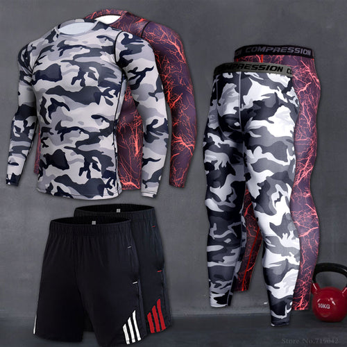 Mens Sport Running Set Compression T-shirt + Pants Skin Hoop Long Sleeves Fitness Rashguard Mma Workout Clothes Gym Yoga Suits