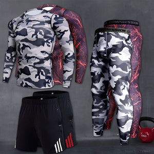 Mens Sport Running Set Compression T-shirt + Pants Skin Hoop Long Sleeves Fitness Rashguard Mma Workout Clothes Gym Yoga Suits