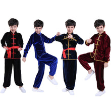 Load image into Gallery viewer, Kungfu Suits, Practice Fitness Performance Thick Taichi Uniforms for Boys Girls, Autumn Winter Pleuche Kids Long Sleeve