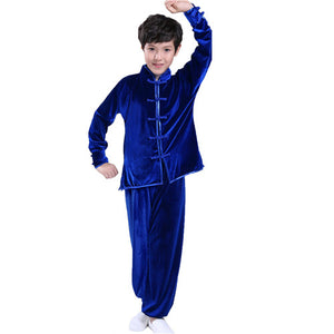 Kungfu Suits, Practice Fitness Performance Thick Taichi Uniforms for Boys Girls, Autumn Winter Pleuche Kids Long Sleeve