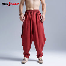 Load image into Gallery viewer, Mens Cotton Linen Baggy Pants Kung Fu Martial Arts Sports Pants Drop Crotch Loose Harem Pants Folk Tai Chi Trainer Sweatpants