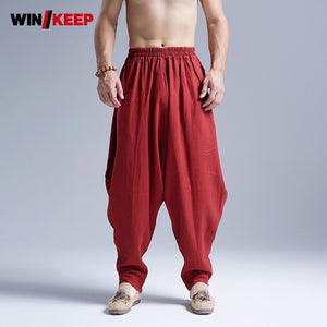Mens Cotton Linen Baggy Pants Kung Fu Martial Arts Sports Pants Drop Crotch Loose Harem Pants Folk Tai Chi Trainer Sweatpants
