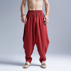 Mens Cotton Linen Baggy Pants Kung Fu Martial Arts Sports Pants Drop Crotch Loose Harem Pants Folk Tai Chi Trainer Sweatpants