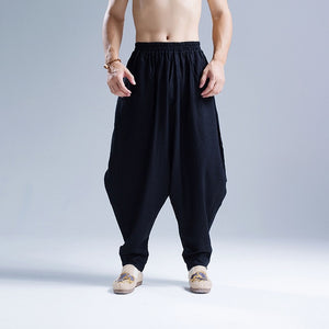 Mens Cotton Linen Baggy Pants Kung Fu Martial Arts Sports Pants Drop Crotch Loose Harem Pants Folk Tai Chi Trainer Sweatpants